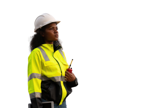 Engineers wearing safety gear, including hard hats examining survey standing industrial facility engaged in a job requires high safety standards concept with PNG white background.	