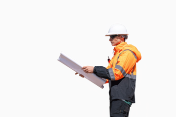 Engineers wearing safety gear, including hard hats examining survey standing industrial facility engaged in a job requires high safety standards concept with PNG white background.	