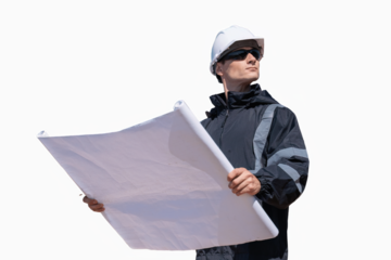 Engineers wearing safety gear, including hard hats examining survey standing industrial facility engaged in a job requires high safety standards concept with PNG white background.	