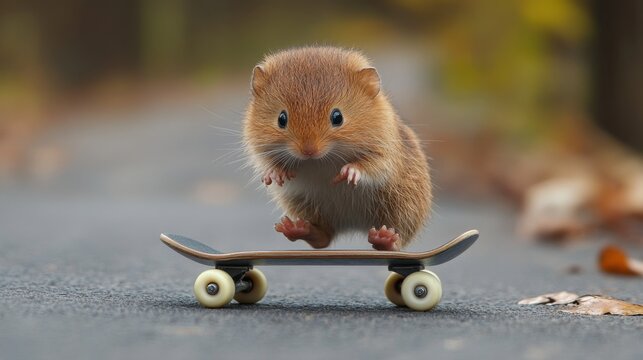 Tiny mammal showcases impressive skateboarding skills on a sunny road in a vibrant autumn setting