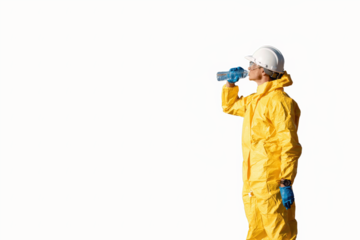 Engineers wearing safety gear, including hard hats examining survey standing industrial facility engaged in a job requires high safety standards concept with PNG white background.	