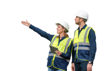 Engineers wearing safety gear, including hard hats examining survey standing industrial facility engaged in a job requires high safety standards concept with PNG white background.	