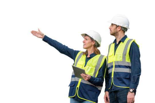 Engineers wearing safety gear, including hard hats examining survey standing industrial facility engaged in a job requires high safety standards concept with PNG white background.	