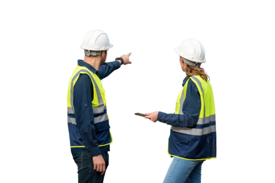 Engineers wearing safety gear, including hard hats examining survey standing industrial facility engaged in a job requires high safety standards concept with PNG white background.	 - Powered by Adobe