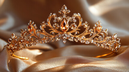A luxurious golden tiara with intricate designs and sparkling gemstones, elegantly resting on shimmering silk fabric
