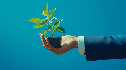 Business Man Nurturing Growth With a Small Plant in a Bright Blue Sky at a Flourishing Green Initiative Meeting. Generative AI