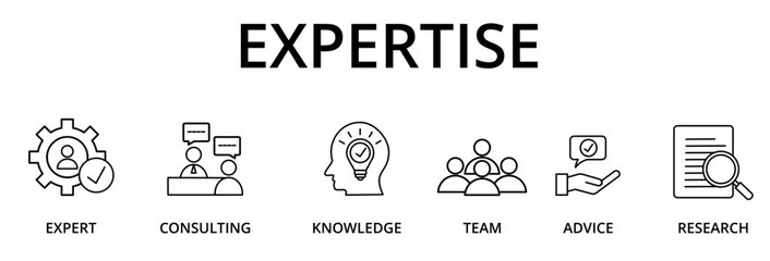 Expertise - icon set with the words "expert, consulting, knowledge, team, advice, trust and research" - vector illustration concept