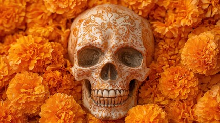 Ornate skull amidst vibrant marigolds, a Day of the Dead display.