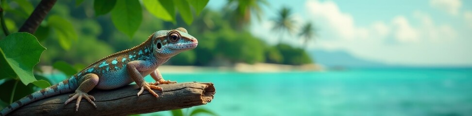 Fototapeta premium Petite gecko grise et bleue sur une feuille de tapisserie, arbre, mer, ?le tropicale
