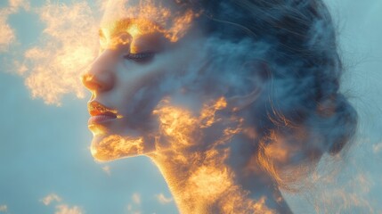 beautiful silhouette of a woman s head on a background of the sky double exposure