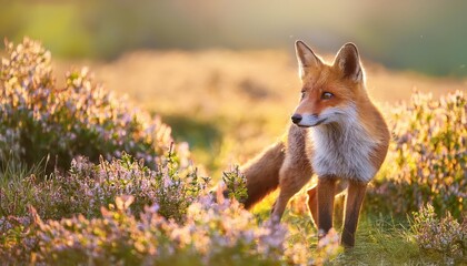 Obraz premium Vibrant Red Fox Amidst Blooming Meadow in Radiant Sunlight at Dusk3