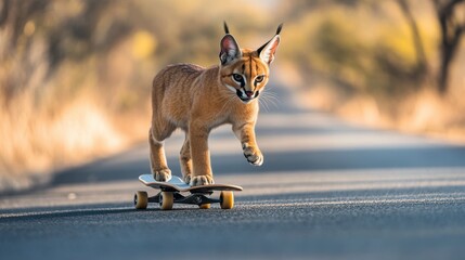 Obraz premium Unique caracal skillfully skates down an empty road surrounded by golden wilderness in the early morning light