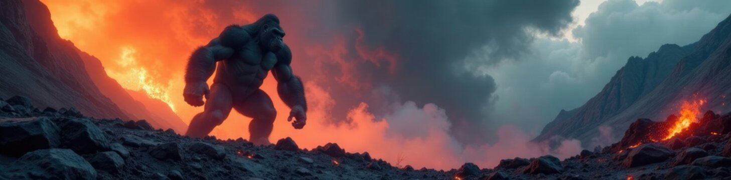 Volcanic ash clouds gather behind the monstrous gorilla, rocky terrain, lava flows, apocalyptic scene