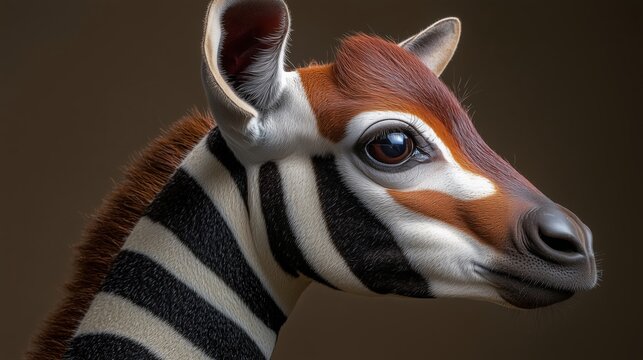 Close-up of a unique striped animal resembling zebra with detailed features