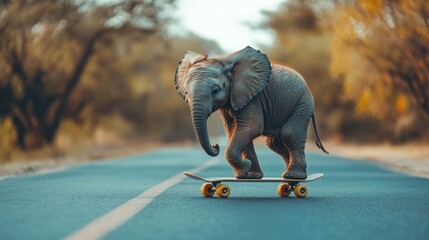 Young elephant joyfully skating down a sunlit pathway surrounded by trees and golden foliage in a playful afternoon adventure