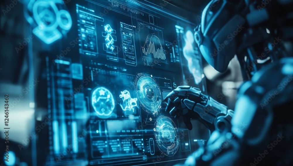 Poster robot analyzing data on futuristic screen, lab background