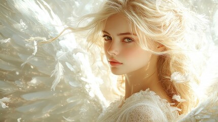 beautiful woman with white angel wings on a neutral background digital illustration