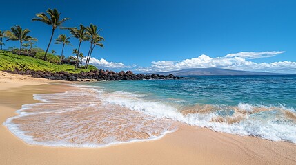 Tropical beach, palm trees, ocean waves, Maui, Hawaii, travel poster