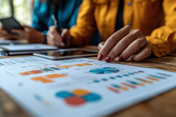 Fototapeta premium A team reviewing a business plan, papers and tablets spread on the desk. Bright lighting, contrast