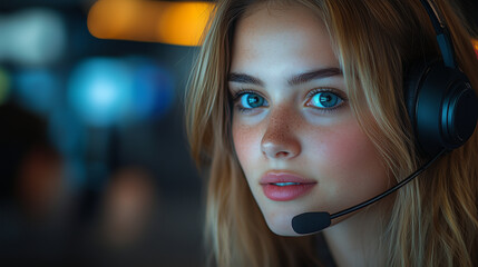 A customer service representative wearing a headset, assisting clients. Bright lighting, contrast