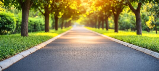 Fototapeta premium Asphalt Road Through Lush Green Park, Illuminated by Golden Sunlight, Idyllic Summer Scene
