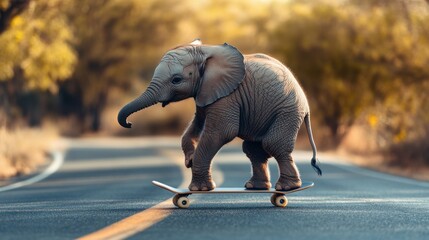 Playful young elephant conquers the skateboard on a sunlit road in a serene setting