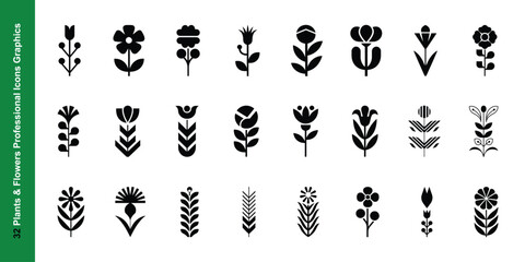 Set of 32 Black and White Geometric Flower Icons. plant icons and flower icons set on white Background. 
