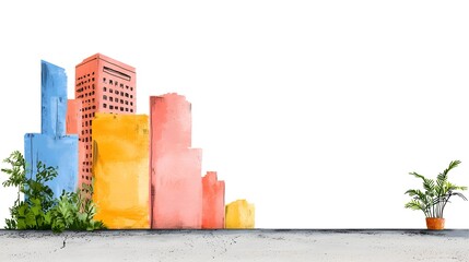 Colorful Cityscape with Plants and Empty Space for Text Overlay