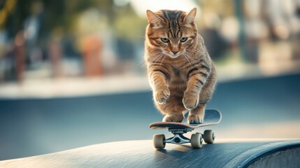 Skateboarding cat showcases impressive tricks at a sunny skate park in mid-afternoon