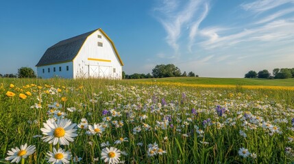 Obraz premium Charming rural barn surrounded by vibrant meadow of wild daisies under blue sky