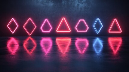 Neon shapes reflect on dark floor, smoky background