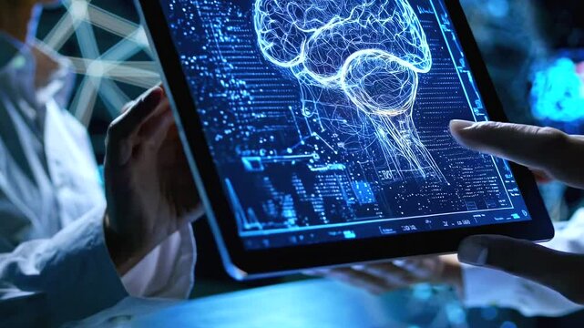 Doctors analyze medical digital brain interface on high-tech tablet, medical diagnostics displayed on digital screen doctors assess neural activity using high-tech tablet, advanced cognitive research 
