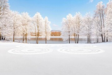 Obraz premium A serene winter landscape featuring a frozen lake with artistic patterns in the snow and bare trees in the background. A peaceful and scenic nature scene with copy space..