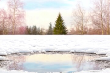 A scenic winter-spring transition landscape with patches of melting snow on an open field, revealing fresh ground. The distant trees create depth and contrast with copy space..