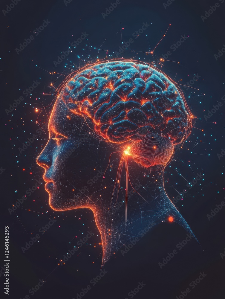 Poster scientific illustration of the brain with glowing neuron pathways and electrical activity in the ner