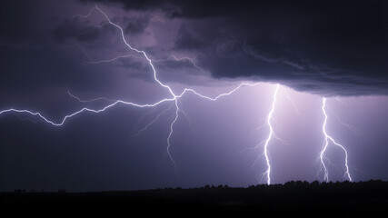 Flash of lightning on dark background, banner design. Thunderstorm. Generative AI