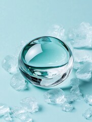 A transparent glass sphere resting on ice with scattered ice cubes around it, reflecting the cold environment. A symbolic representation of purity, clarity, and transformation with copy space..