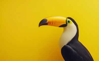 Naklejka premium A close-up of a toucan with a striking yellow beak against a matching yellow background.