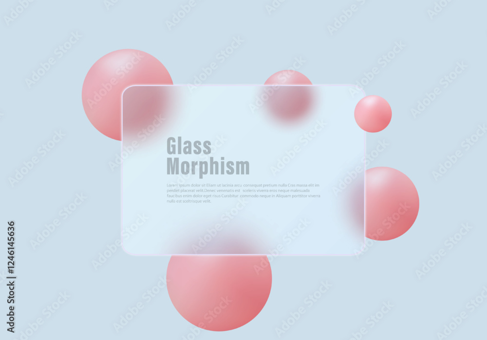Poster gradient background with rectangular plate and spheres in glass morphism style.