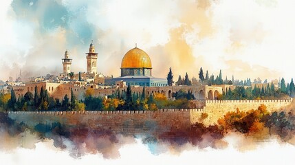 biblical jerusalem panoramic view of ancient city watercolor digital painting
