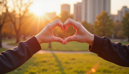 Two hands forming heart shape in urban park during golden hour, love