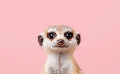 A curious meerkat peeking into the frame against a soft beige background, with an inquisitive and playful expression.