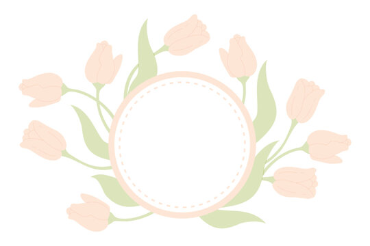 Floral round frame with pastel tulips and leaves. Template with copy space for text. Springtime and wedding invitation concept. Vector illustration. Design for greeting card, postcard, banner, poster
