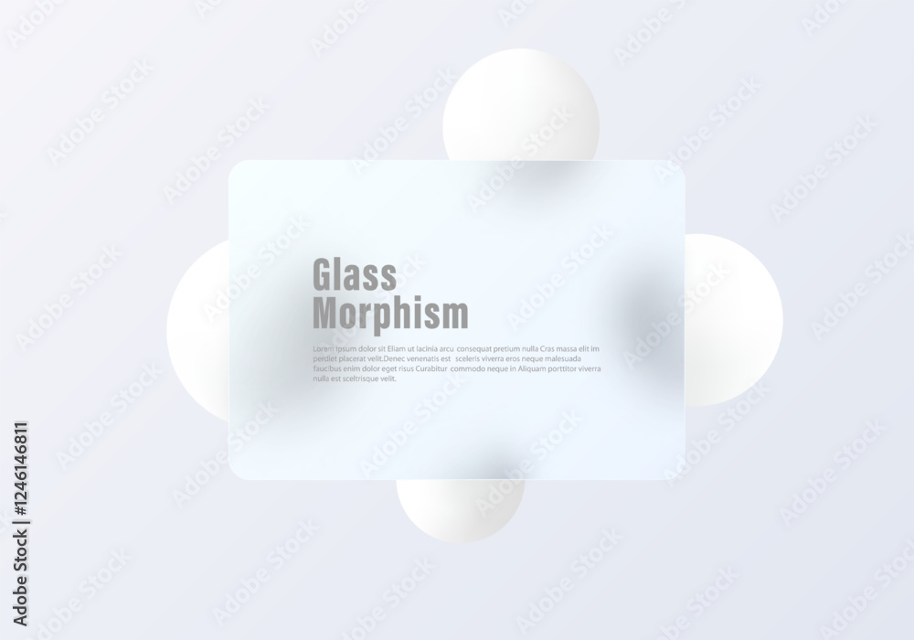 Poster rectangular panel with white spheres background in glass morphism style.