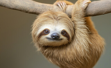 Naklejka premium A sloth hanging from a tree branch with a gentle smile, appearing relaxed and content in its natural habitat.