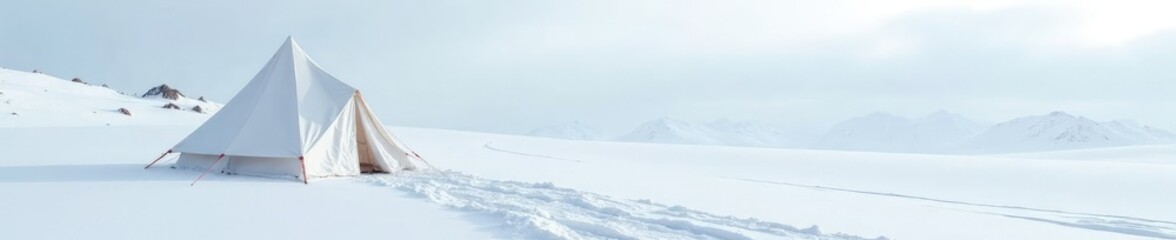 Snowy landscape with a simple white tent on a vast white background, wilderness, snowflake