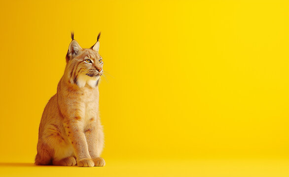 A majestic caracal cat sitting elegantly against a vibrant yellow background, showcasing its tufted ears and sharp gaze.