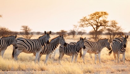 Zebra Herd Grazing in Etosha National Park at Golden Hour, Majestic Black and White Stripes Silhouetted Against a Backdrop of Warm African Savannah Sunset, Capturing the Essence of a Timeless