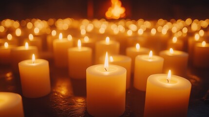 Many candles burning brightly, creating a warm and comforting atmosphere. A symbol of remembrance, hope, or peace.