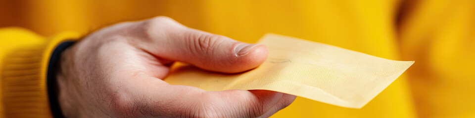 Close-up of Hand Holding Pale Yellow Rectangular Material